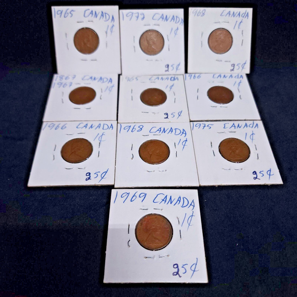 Lot Canada 1 Cent Elizabeth II 10 Coins 1965 - 1975 Small Canadian One Penny Set